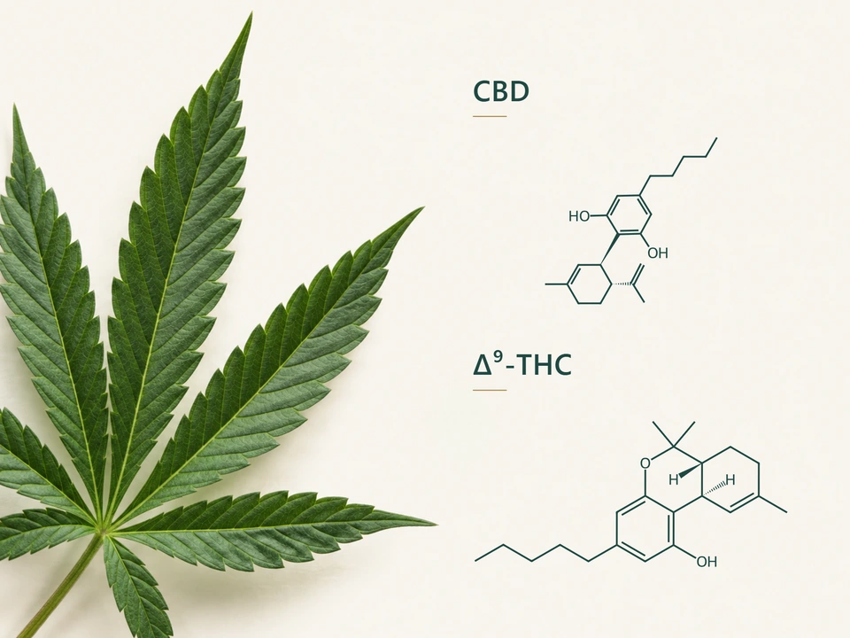 A cannabis leaf alongside the molecular structures of cannabidiol, CBD, and delta-9 tetrahydrocannabinol, THC.