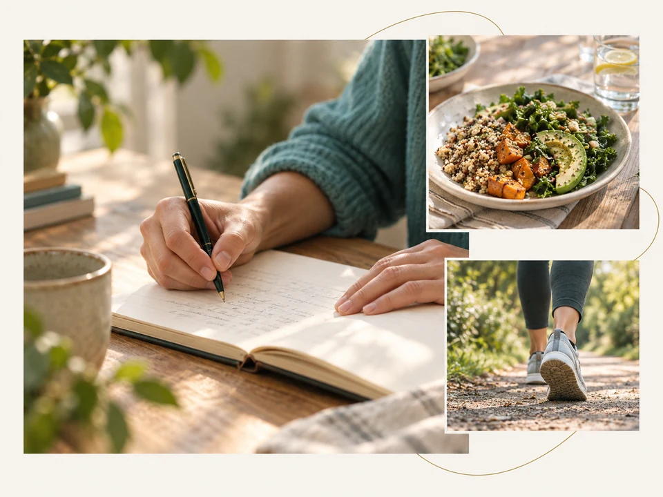 Everyday moments connected by a fine gold line: hands making a note in a notebook, a meal, and a walk outdoors.