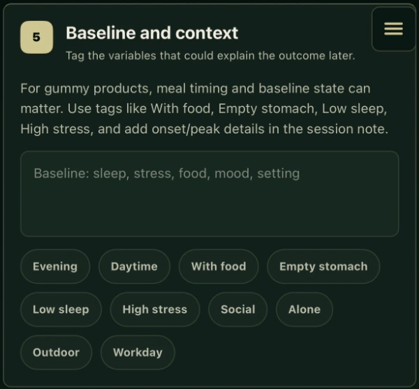 Cultivar Signals baseline and context entry, including sleep, stress, meal timing and setting tags.