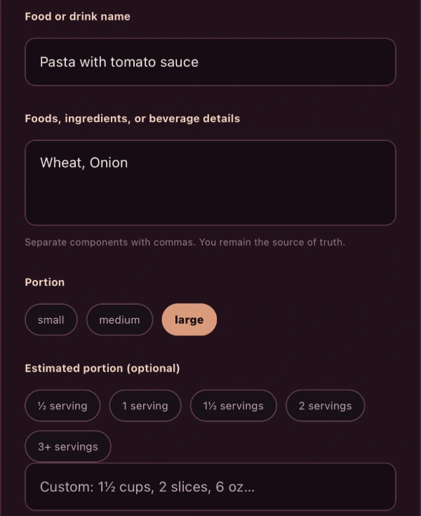 Digestion Signals meal entry showing pasta with tomato sauce, ingredient details and portion controls.