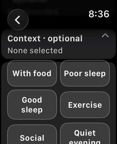 Native Watch optional context tags including food, sleep and exercise.